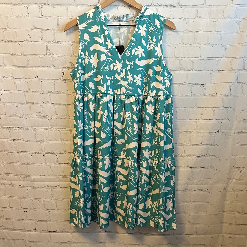 Floral Sleeveless Dress - Teal and White